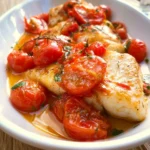 Filetti di merluzzo cucinati con pomodorini freschi nel piatto