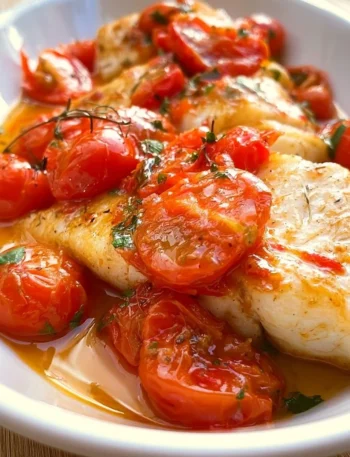 Filetti di merluzzo cucinati con pomodorini freschi nel piatto