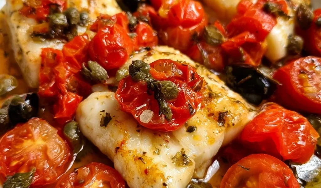 Filetti di Merluzzo con Pomodorini, Capperi e Olive su un piatto