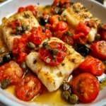 Filetti di Merluzzo con Pomodorini, Capperi e Olive su un piatto