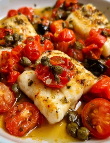 Filetti di Merluzzo con Pomodorini, Capperi e Olive su un piatto