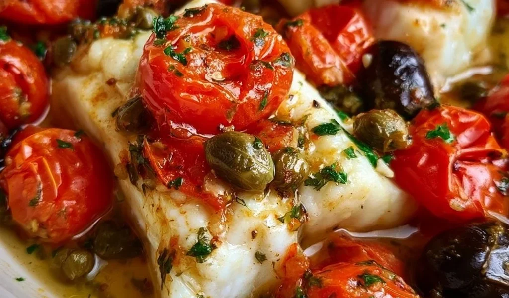 Filetti di merluzzo con pomodorini, capperi e olive in un piatto