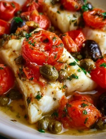 Filetti di merluzzo con pomodorini, capperi e olive in un piatto