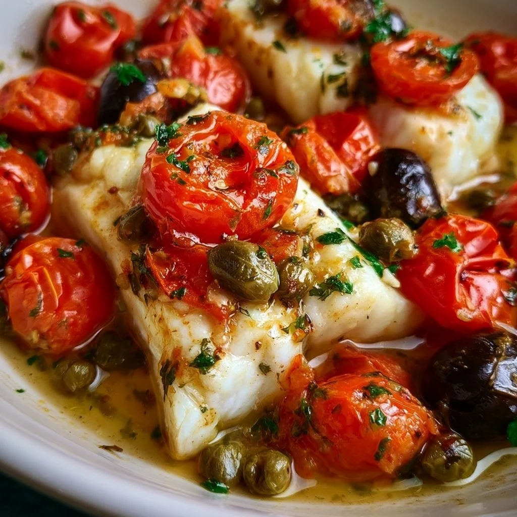 Filetti di merluzzo con pomodorini, capperi e olive in un piatto