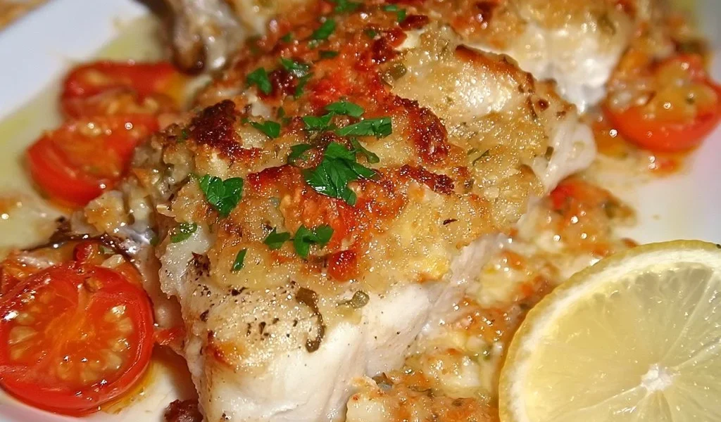 Filetti di merluzzo gratinati al forno serviti su un piatto elegante.