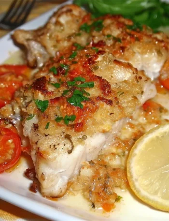 Filetti di merluzzo gratinati al forno serviti su un piatto elegante.