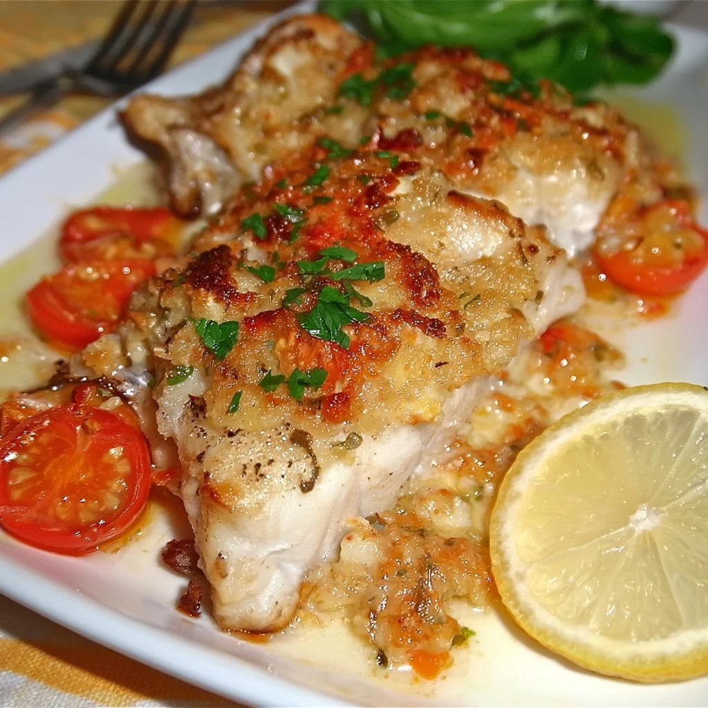 Filetti di merluzzo gratinati al forno serviti su un piatto elegante.