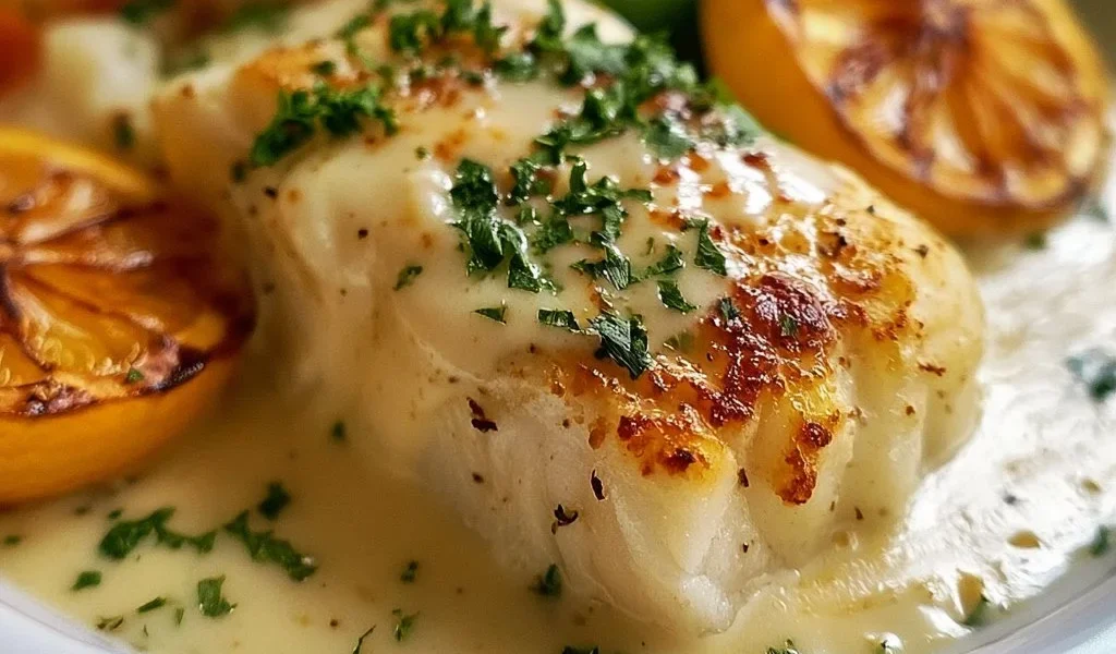 Filetto di merluzzo al forno con salsa cremosa servito nel piatto