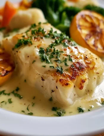 Filetto di merluzzo al forno con salsa cremosa servito nel piatto