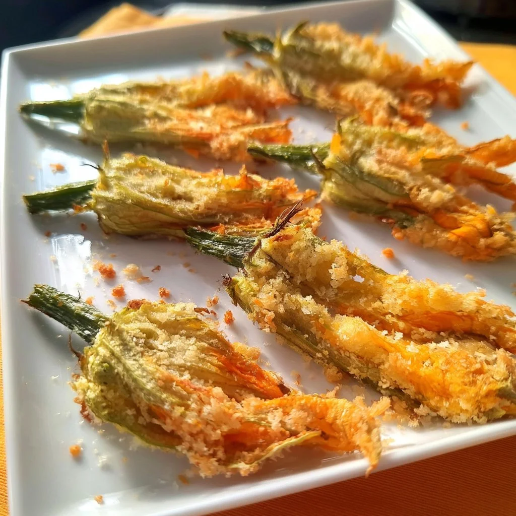 Fiori di zucca gratinati al forno, piatto gourmet italiano