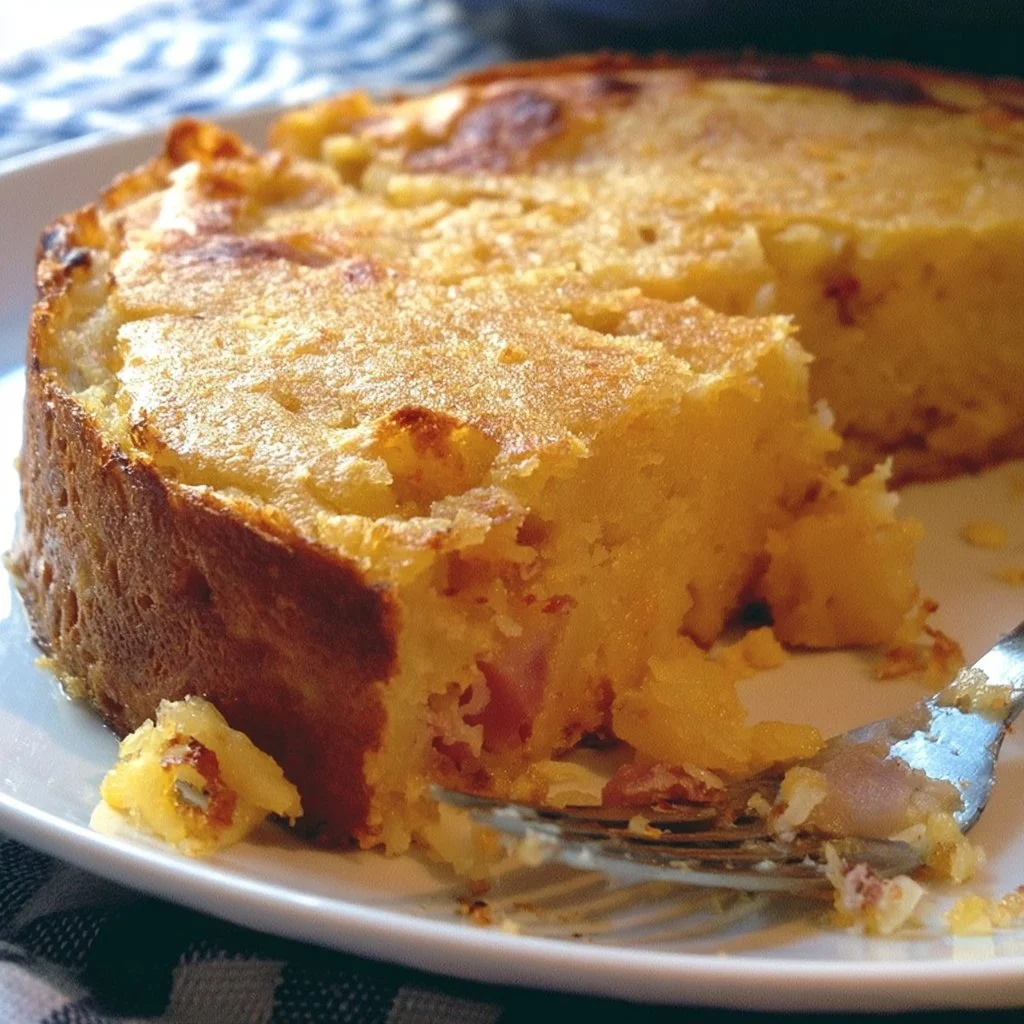 Gâteau di patate servito su un piatto bianco con contorni colorati