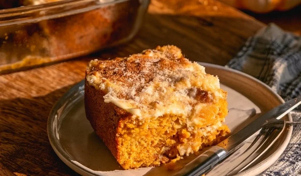 Delizioso gâteau di zucca servito con decorazioni autunnali