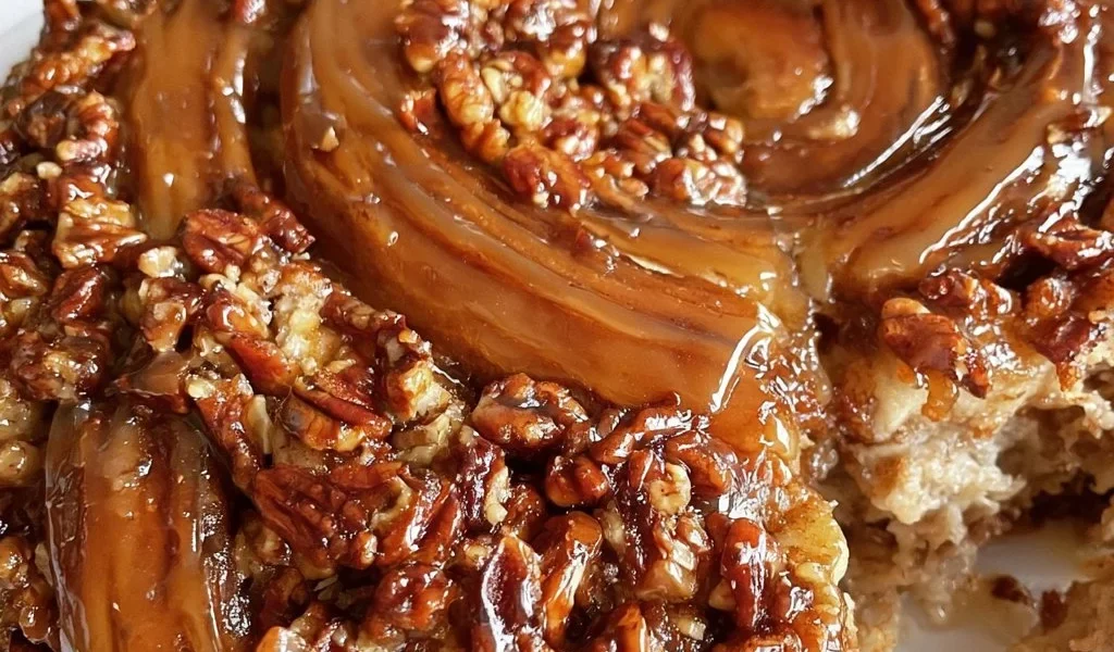 Giant Sticky Bun ricoperto di caramello e noci, dolce da forno delizioso.