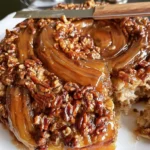 Giant Sticky Bun ricoperto di caramello e noci, dolce da forno delizioso.