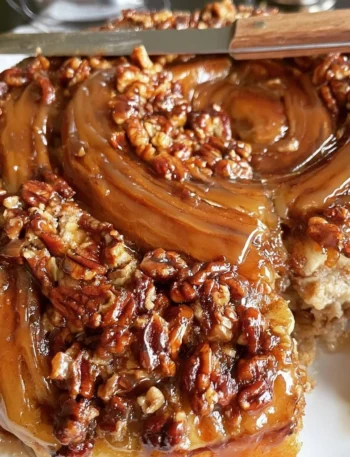 Giant Sticky Bun ricoperto di caramello e noci, dolce da forno delizioso.