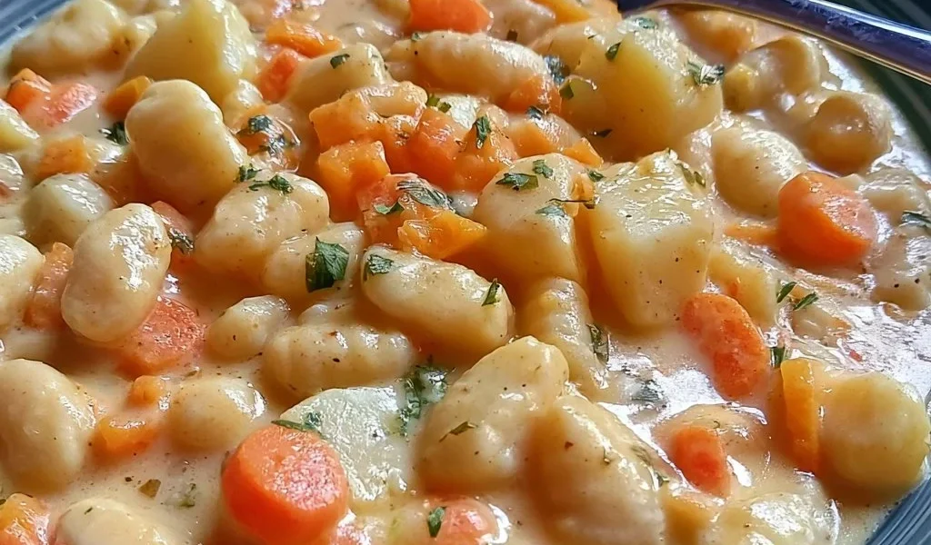 Piatto di gnocchetti con patate e carote, ricetta cremosa e gustosa.