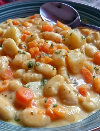 Piatto di gnocchetti con patate e carote, ricetta cremosa e gustosa.