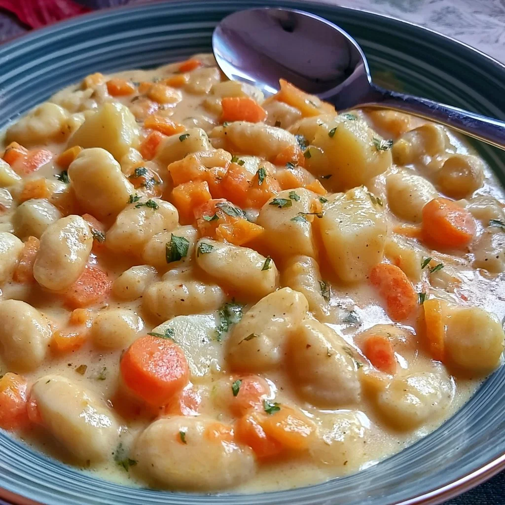 Piatto di gnocchetti con patate e carote, ricetta cremosa e gustosa.