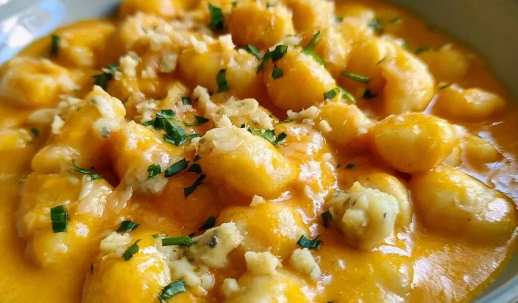 Gnocchi alla crema di zucca e gorgonzola serviti con una spruzzata di erbe aromatiche.