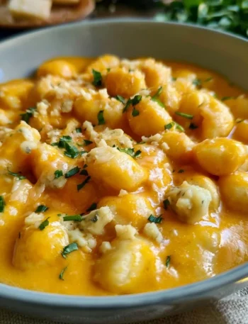 Gnocchi alla crema di zucca e gorgonzola serviti con una spruzzata di erbe aromatiche.