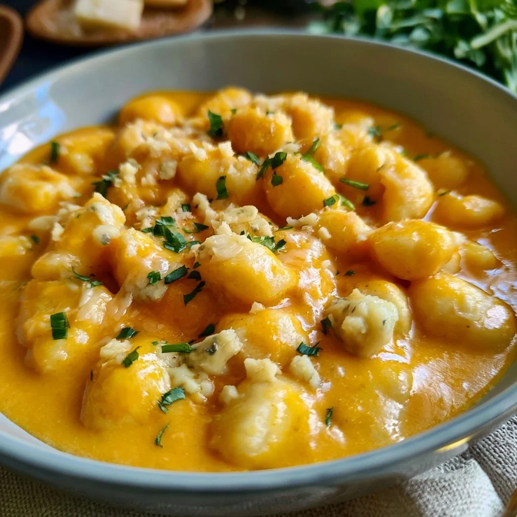 Gnocchi alla crema di zucca e gorgonzola serviti con una spruzzata di erbe aromatiche.