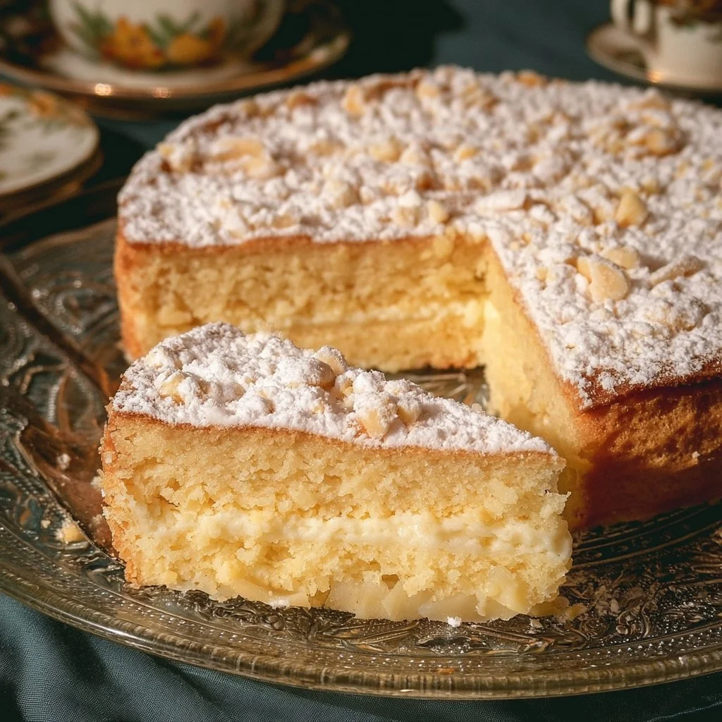 A slice of Grandmother's cake topped with icing and fresh fruit for a nostalgic dessert.
