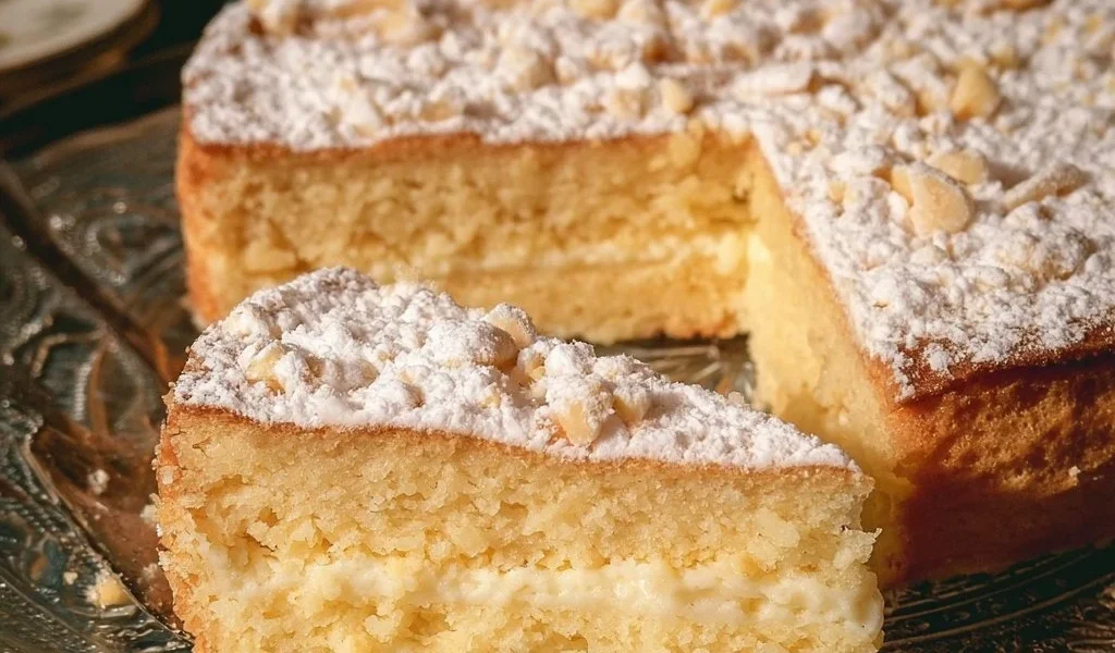 Delicious slice of Grandmother's cake with frosting and fresh fruit on a plate