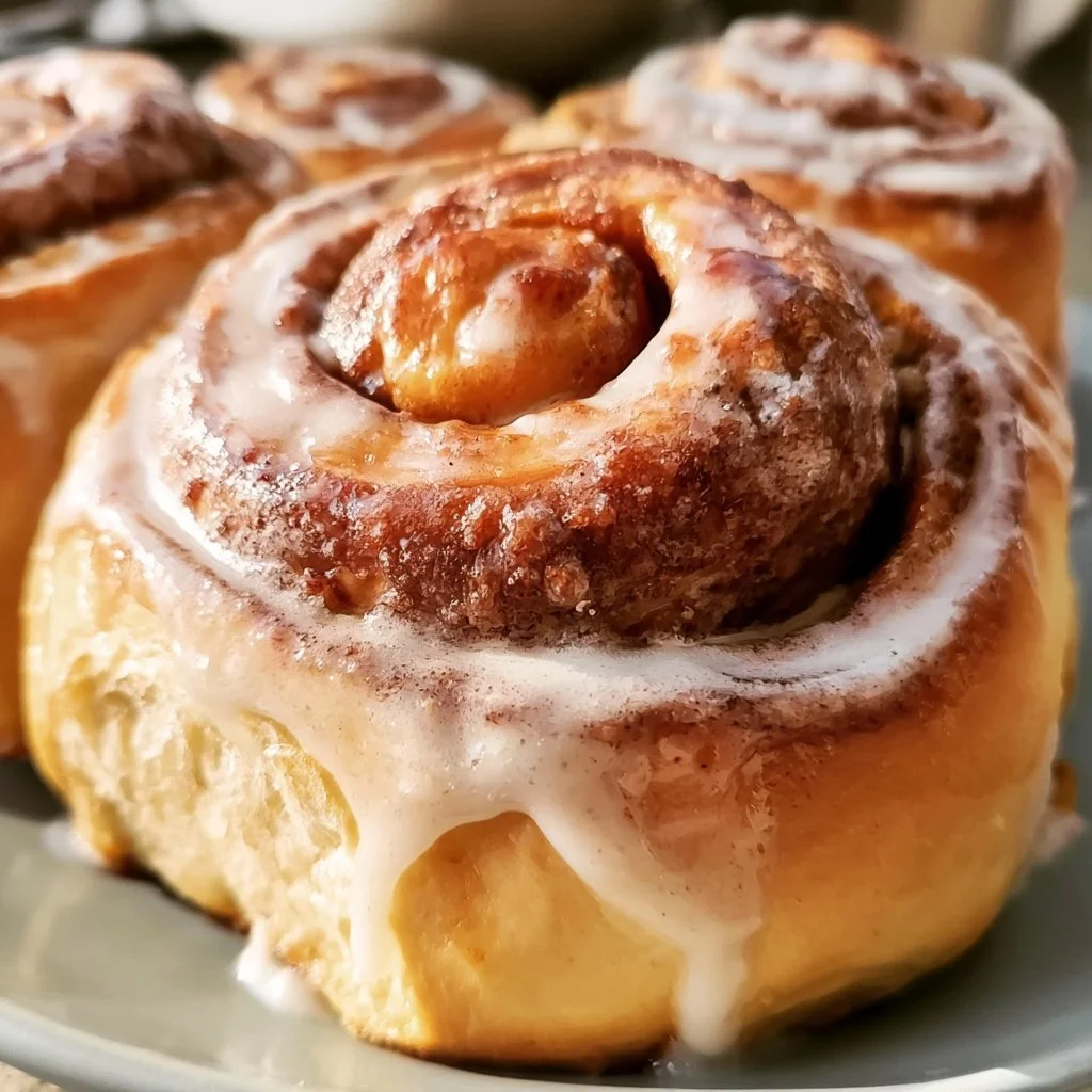 Un delizioso cinnamon bun appena sfornato con glassa