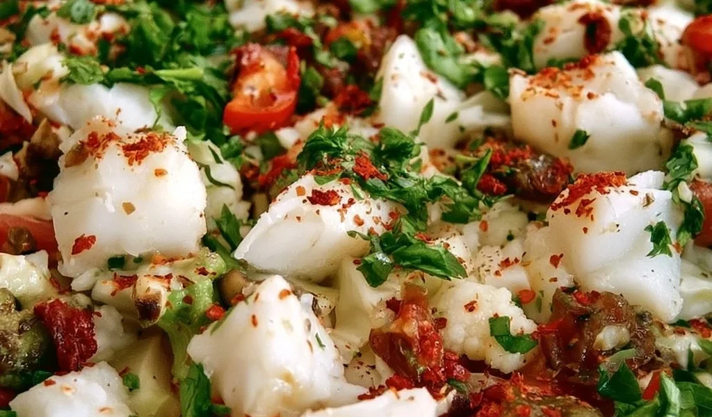 Insalata di merluzzo al vapore servita con verdure fresche