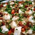 Insalata di merluzzo al vapore servita con verdure fresche