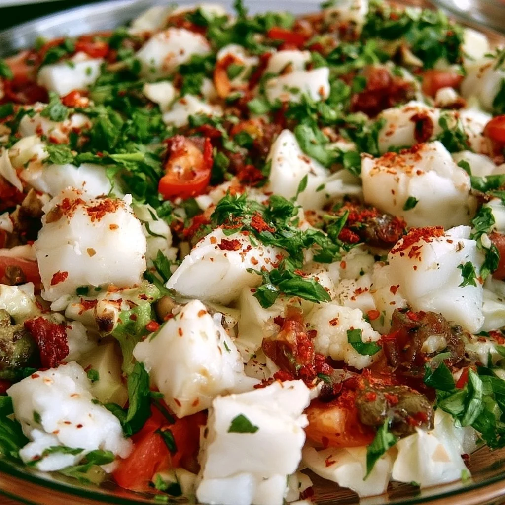 Insalata di merluzzo al vapore servita con verdure fresche