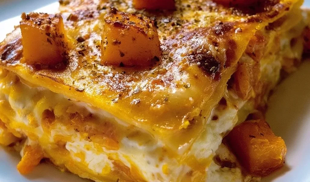 Lasagne con la zucca pronte da gustare, colorate e appetitose.