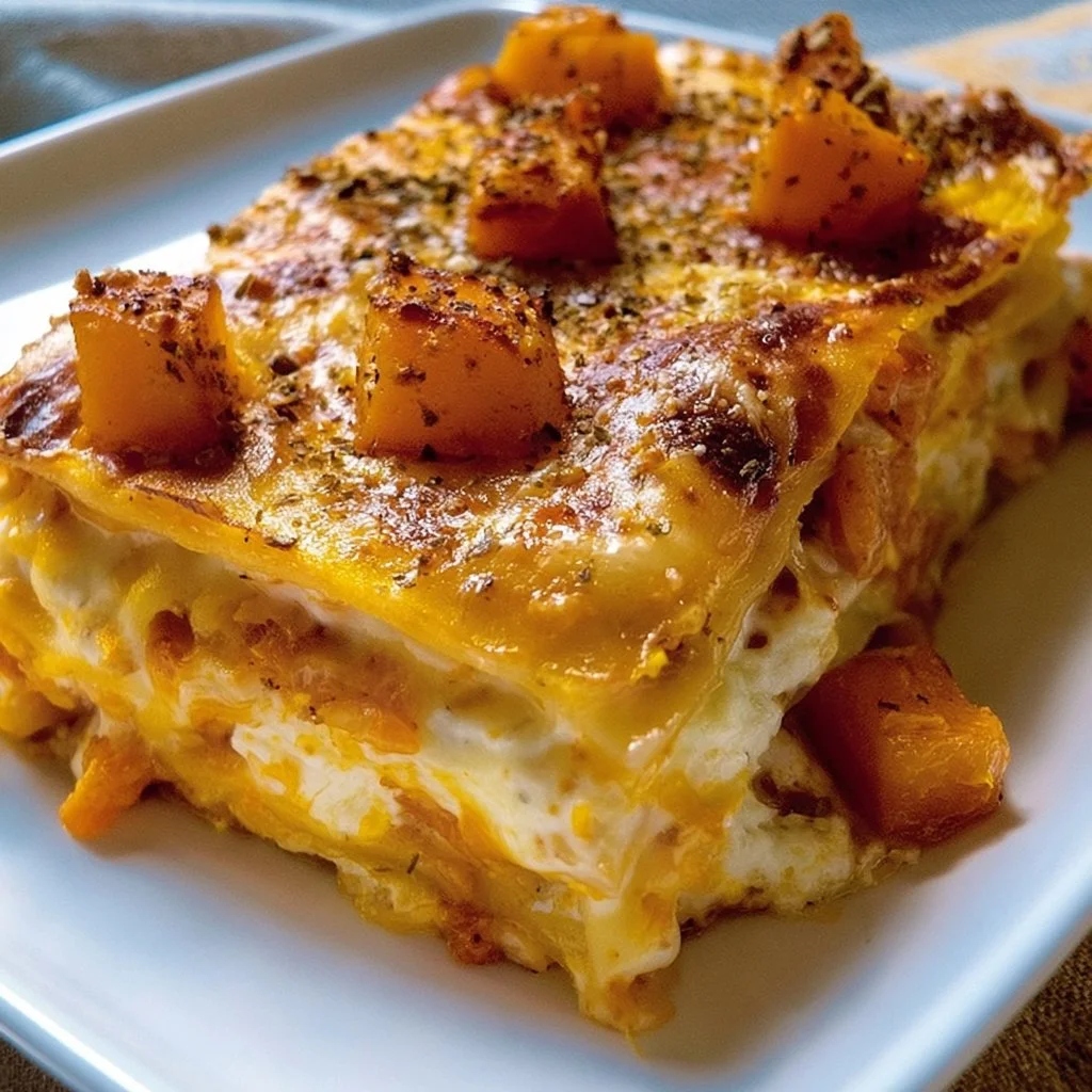 Lasagne con la zucca pronte da gustare, colorate e appetitose.