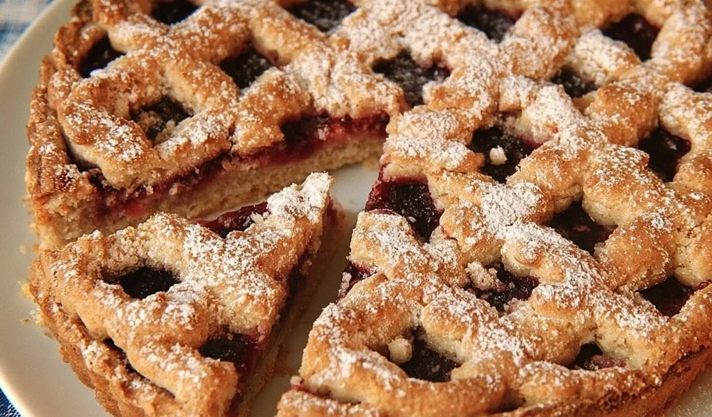 A slice of Linzer Torte topped with powdered sugar, almond crust, and jam filling.