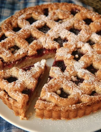 A slice of Linzer Torte topped with powdered sugar, almond crust, and jam filling.