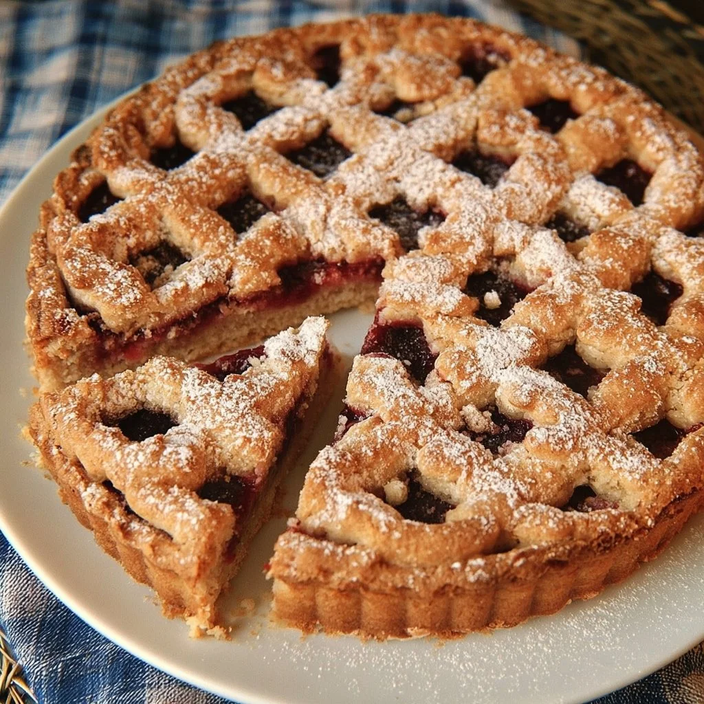 A slice of Linzer Torte topped with powdered sugar, almond crust, and jam filling.
