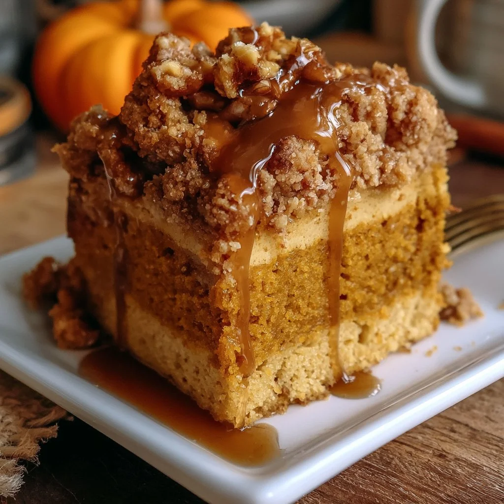 Maple Brown Butter Pumpkin Coffee Cake served on a plate