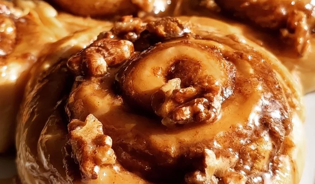 Delicious Maple Pecan Cinnamon Rolls topped with icing and pecans