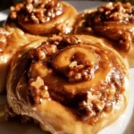 Delicious Maple Pecan Cinnamon Rolls topped with icing and pecans