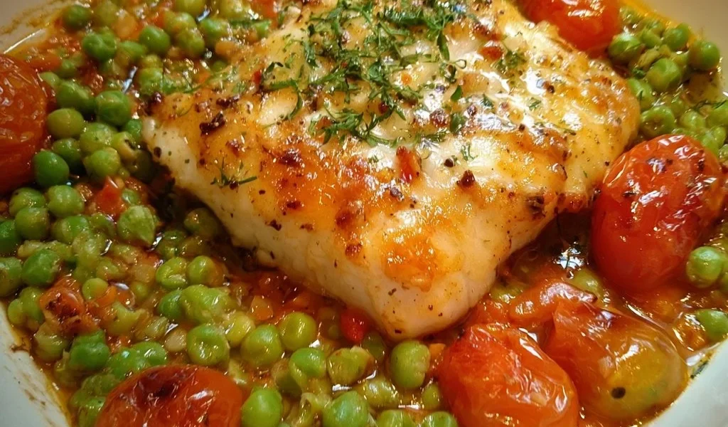 Merluzzo con piselli e pomodorini, un piatto delizioso e colorato