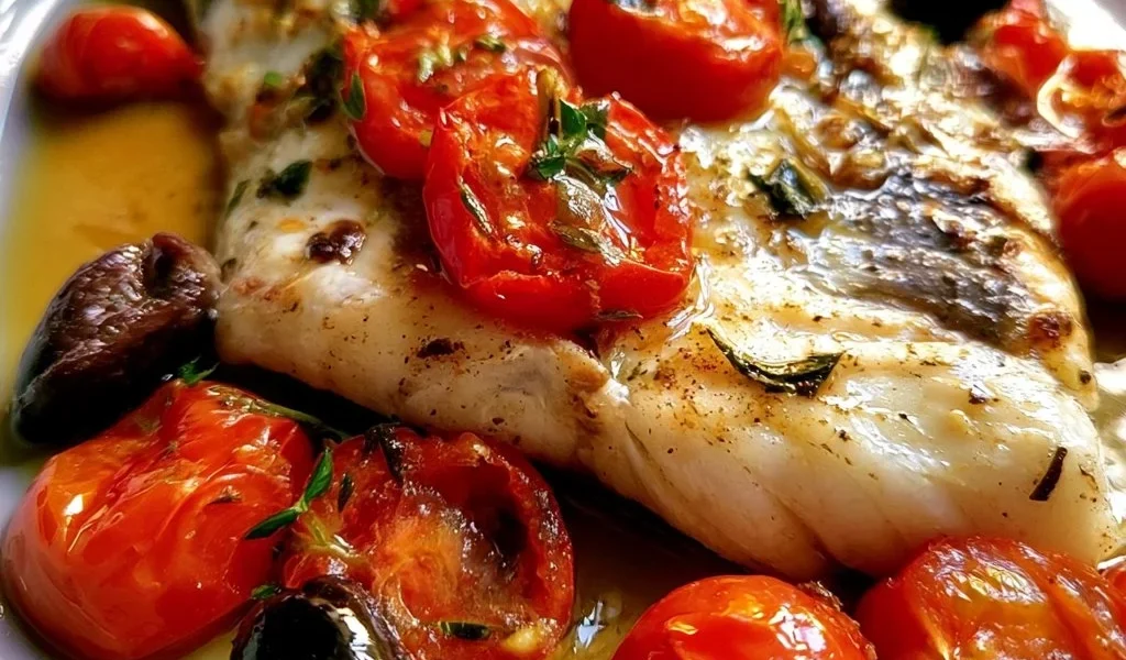 Merluzzo con pomodorini e olive, un piatto tradizionale e delizioso.