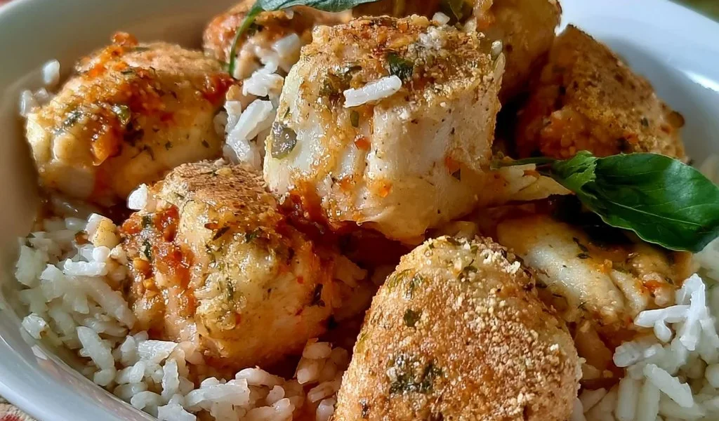 Piatto di merluzzo con riso servito con verdure fresche