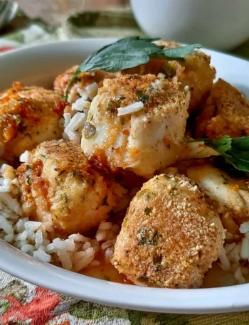 Piatto di merluzzo con riso servito con verdure fresche