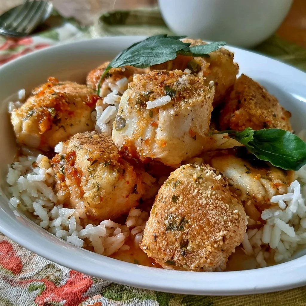 Piatto di merluzzo con riso servito con verdure fresche