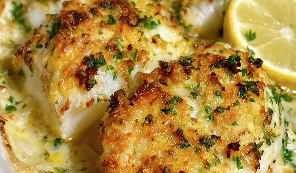 Piatto di Merluzzo Gratinato al Forno con crosta dorata e contorno fresco.