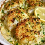 Piatto di Merluzzo Gratinato al Forno con crosta dorata e contorno fresco.