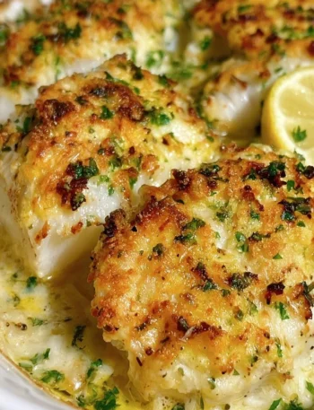 Piatto di Merluzzo Gratinato al Forno con crosta dorata e contorno fresco.