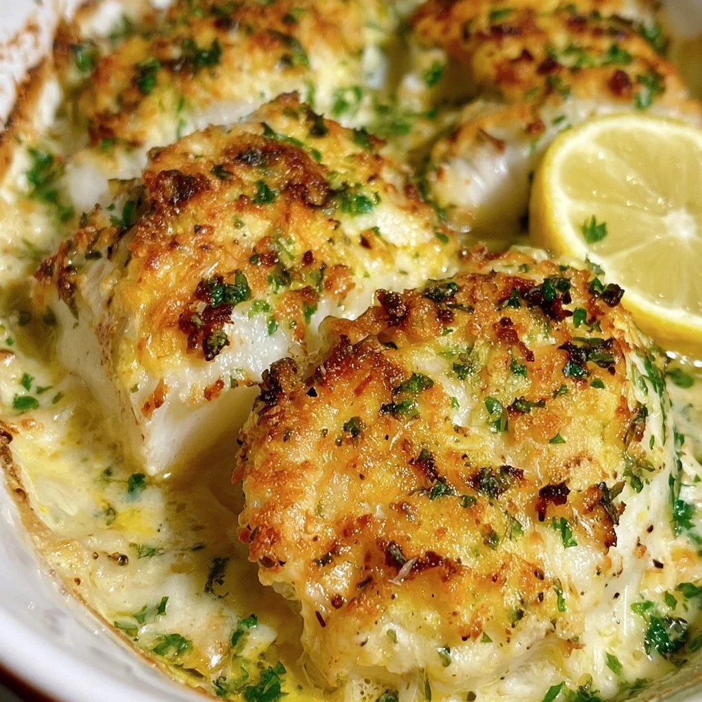 Piatto di Merluzzo Gratinato al Forno con crosta dorata e contorno fresco.