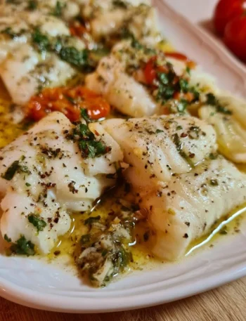Piatto di merluzzo in bianco saporito con contorni freschi.
