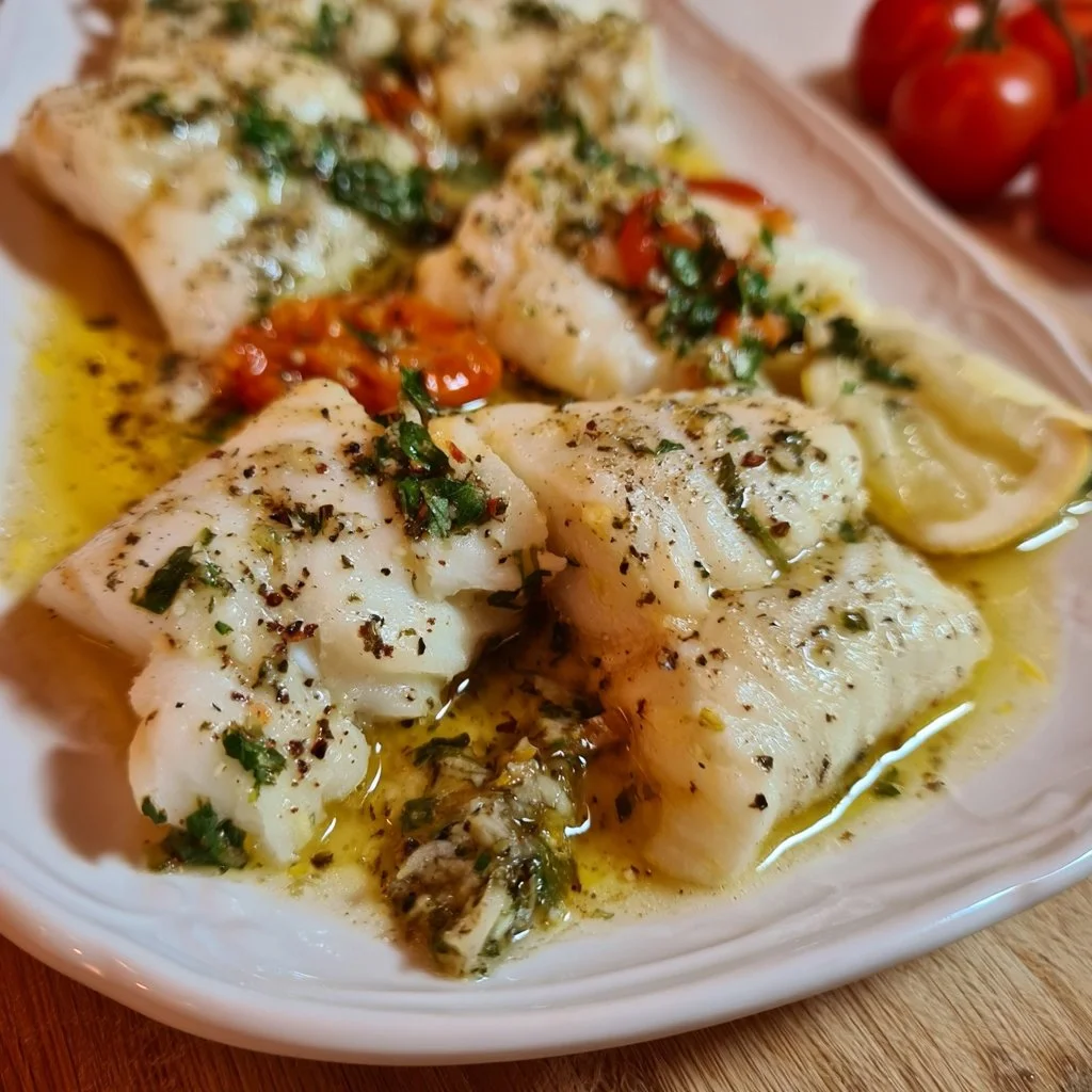 Piatto di merluzzo in bianco saporito con contorni freschi.